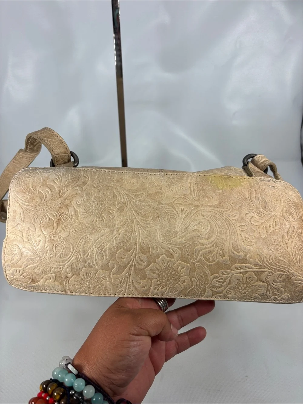 Wild West Beige Floral Embossed Leather Backpack